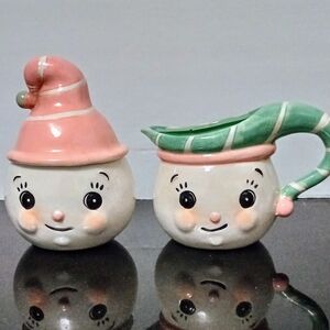 NIB Johanna Parker Carnival Cottage Pink & Green Snowman Sugar & Creamer